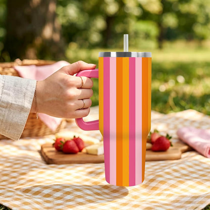 Summer Striped Tumbler with Handle, Blue & Beige, 40 oz | Stainless Steel, Insulated Cup, Travel Mug, with Lid and Straw, Coastal Beach Theme, Large, for Car Office Home Use