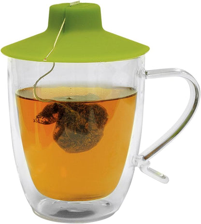 Double Wall Glass Mug and Tea Bag Buddy – Temperature Safe 16 oz. Clear Glass Mug – 100% Food Grade Green Silicone Tea Bag Buddy – Dishwasher and Microwave Safe Set