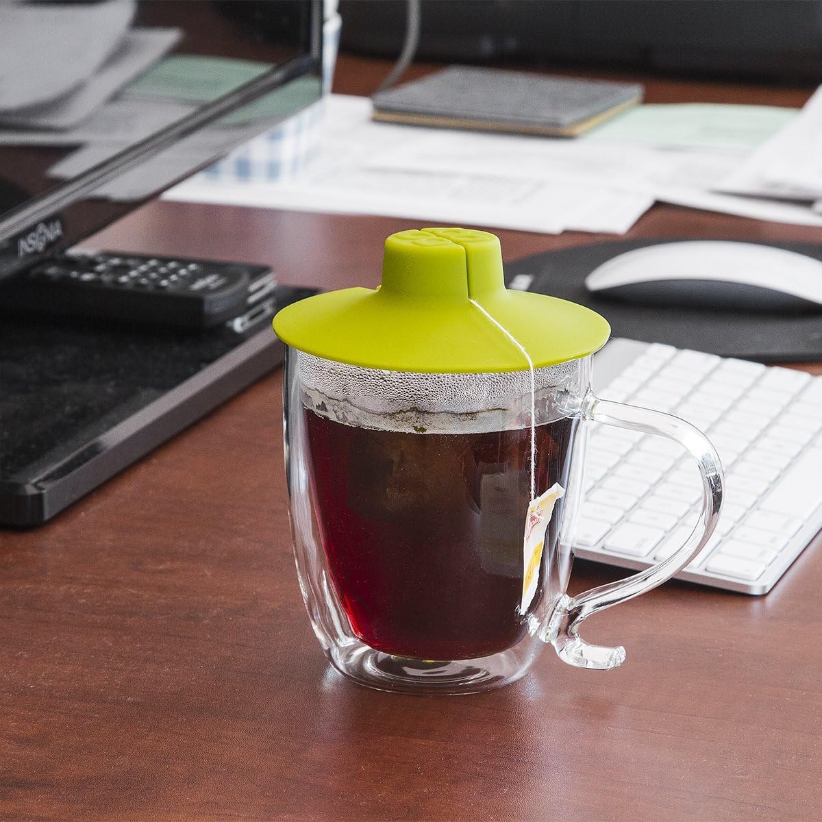 Double Wall Glass Mug and Tea Bag Buddy – Temperature Safe 16 oz. Clear Glass Mug – 100% Food Grade Green Silicone Tea Bag Buddy – Dishwasher and Microwave Safe Set