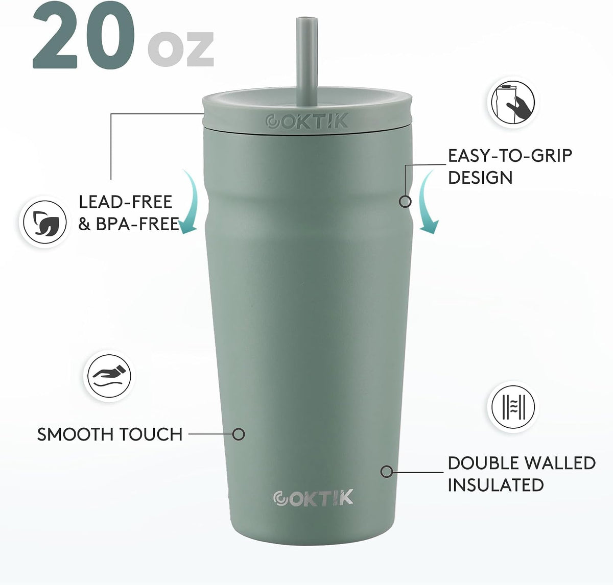 24oz Insulated Tumbler with Lid and Straw Iced Coffee Cup Reusable Stainless Steel Travel Mug Water Bottle Cupholder Friendly for Women Men Her Him (Bay Leaf)