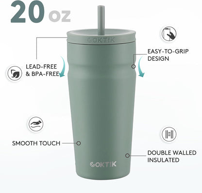 24oz Insulated Tumbler with Lid and Straw Iced Coffee Cup Reusable Stainless Steel Travel Mug Water Bottle Cupholder Friendly for Women Men Her Him (Bay Leaf)