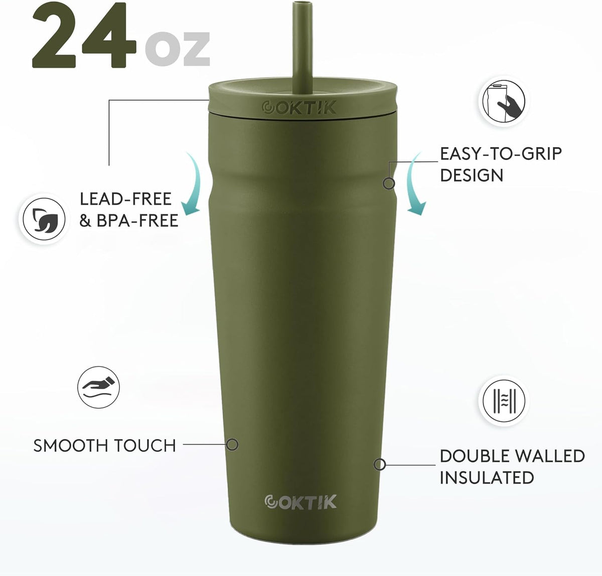 24oz Insulated Tumbler with Lid and Straw Iced Coffee Cup Reusable Stainless Steel Travel Mug Water Bottle Cupholder Friendly for Women Men Her Him (Bay Leaf)