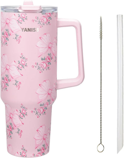 39 oz Stainless Steel Car Cup, Mug with Straw, Large Capacity Insulated Tumbler with Handle, Double-Wall Vacuum Thermal Cupwith Leak-Proof Lid, Perfect Use for Camping, Car, Office (Pink)