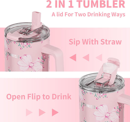 39 oz Stainless Steel Car Cup, Mug with Straw, Large Capacity Insulated Tumbler with Handle, Double-Wall Vacuum Thermal Cupwith Leak-Proof Lid, Perfect Use for Camping, Car, Office (Pink)