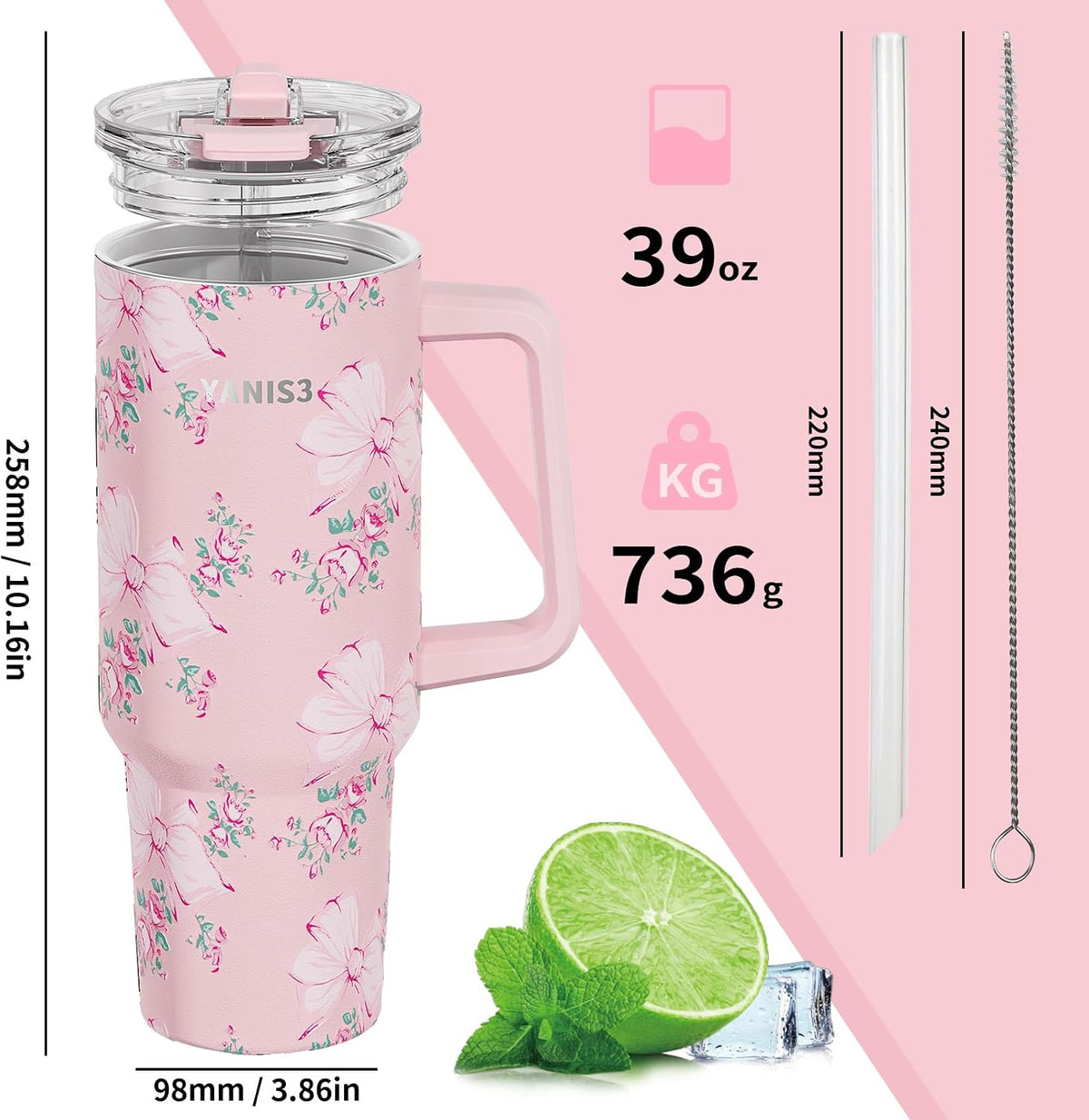39 oz Stainless Steel Car Cup, Mug with Straw, Large Capacity Insulated Tumbler with Handle, Double-Wall Vacuum Thermal Cupwith Leak-Proof Lid, Perfect Use for Camping, Car, Office (Pink)