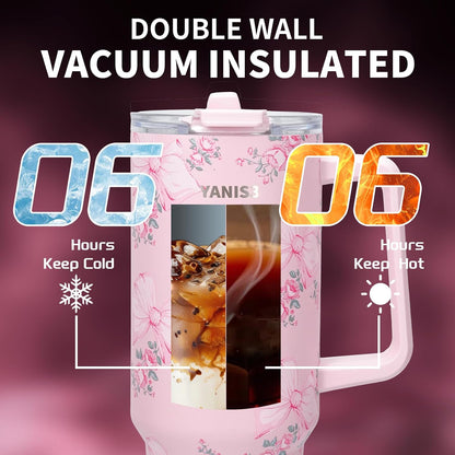 39 oz Stainless Steel Car Cup, Mug with Straw, Large Capacity Insulated Tumbler with Handle, Double-Wall Vacuum Thermal Cupwith Leak-Proof Lid, Perfect Use for Camping, Car, Office (Pink)
