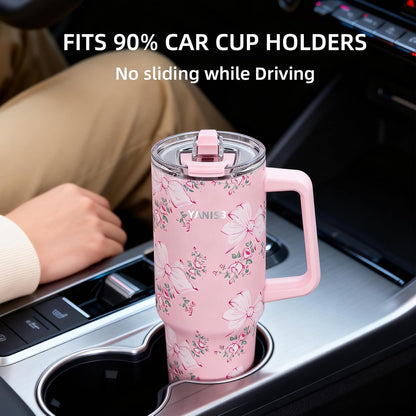 39 oz Stainless Steel Car Cup, Mug with Straw, Large Capacity Insulated Tumbler with Handle, Double-Wall Vacuum Thermal Cupwith Leak-Proof Lid, Perfect Use for Camping, Car, Office (Pink)