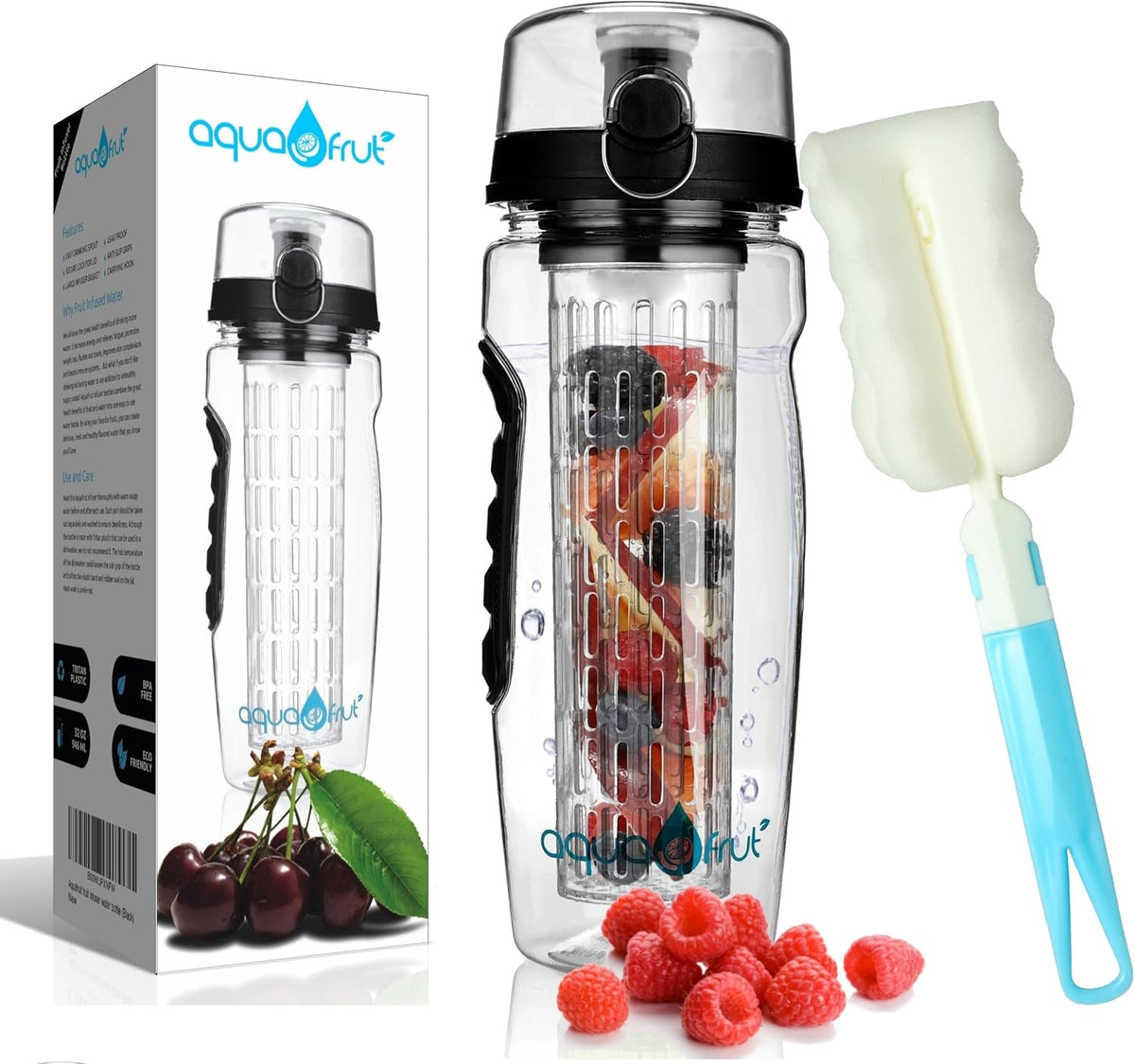 aquaFrut 32 OZ Fruit Infuser Water Bottle BPA-Free Fruit Infusion Sports Bottle - Flip Top Lid w Drinking Spout, Leak Proof, Made of Durable Tritan. Free Recipe eBook! (Teal)
