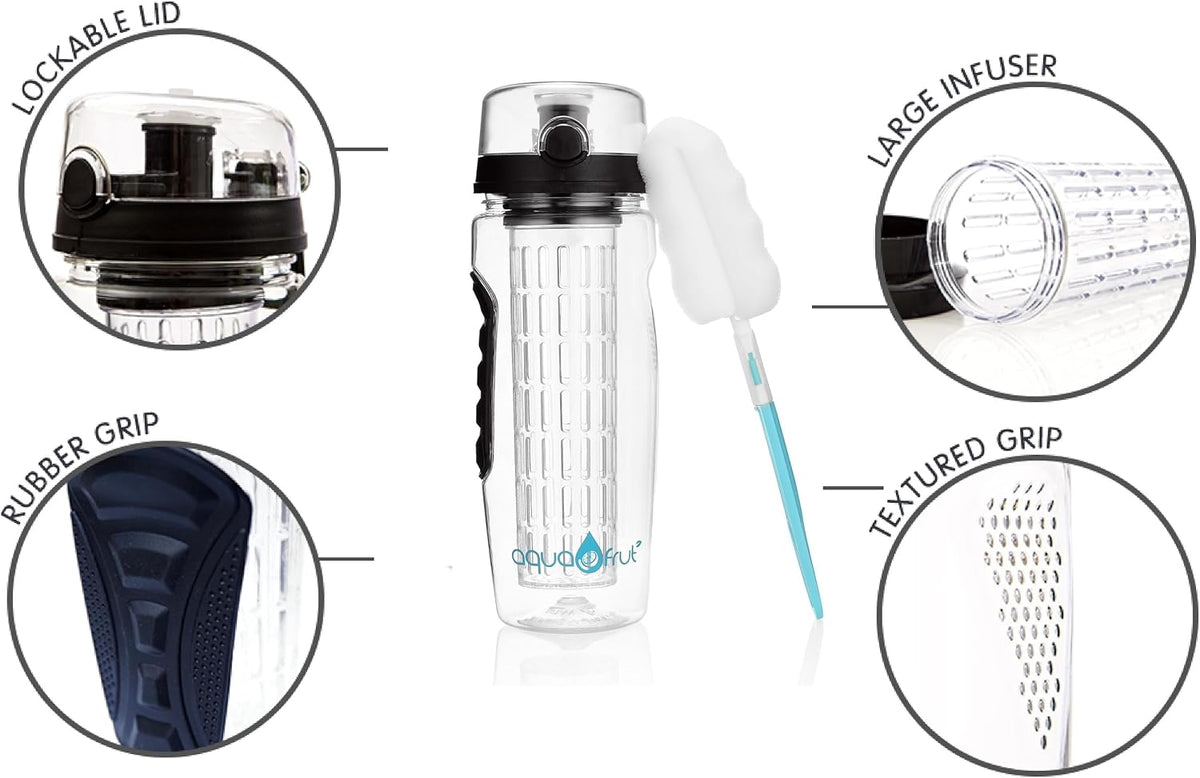 aquaFrut 32 OZ Fruit Infuser Water Bottle BPA-Free Fruit Infusion Sports Bottle - Flip Top Lid w Drinking Spout, Leak Proof, Made of Durable Tritan. Free Recipe eBook! (Teal)