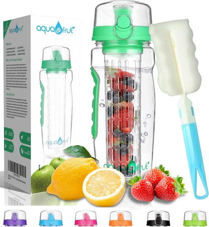 aquaFrut 32 OZ Fruit Infuser Water Bottle BPA-Free Fruit Infusion Sports Bottle - Flip Top Lid w Drinking Spout, Leak Proof, Made of Durable Tritan. Free Recipe eBook! (Teal)