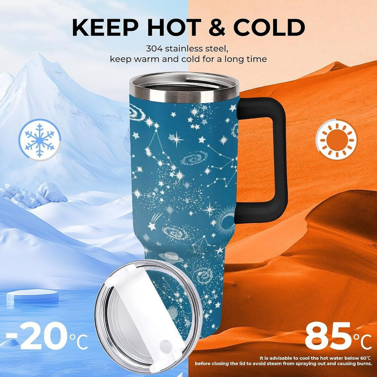 Space Constellation 304 Stainless Steel Double Wall Insulated Tumbler with Leakproof Slide Lid and Straw Large Capacity Travel Mug Black-Space Constellation