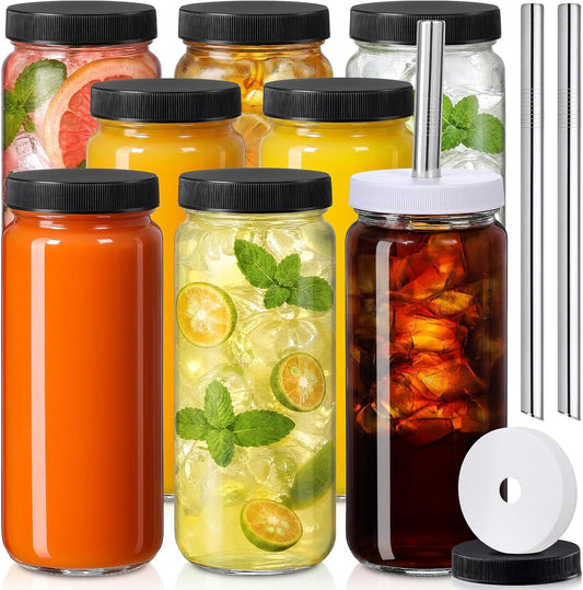 8 PACK 16OZ Glass Juice Bottles with 8 Sealed Lids & 2 Straw Lids & Straws