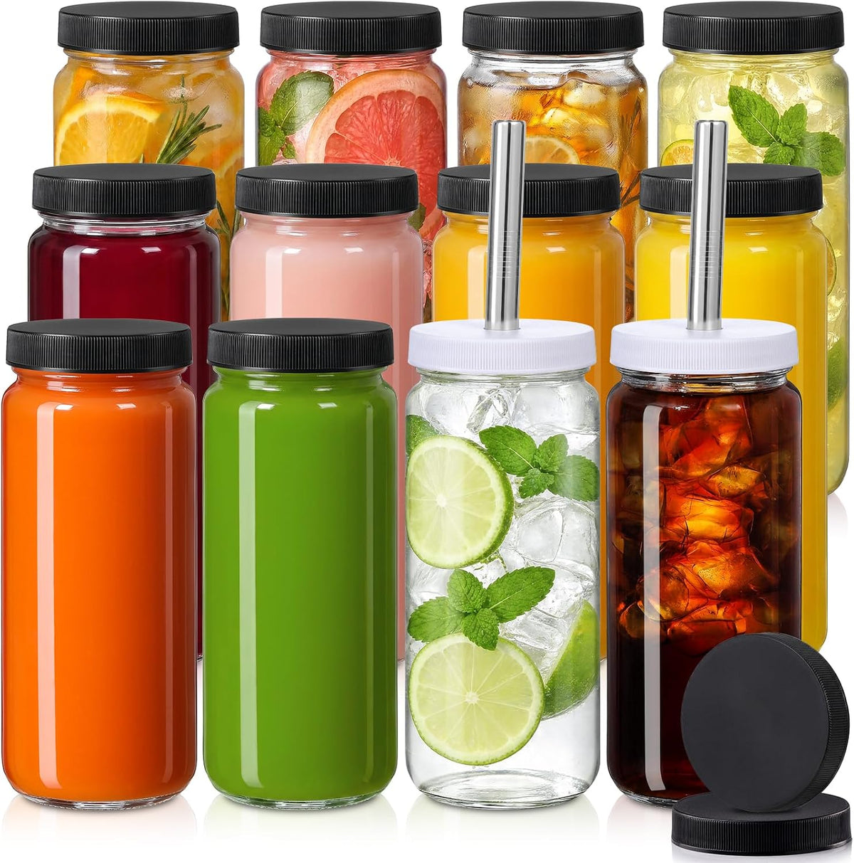 8 PACK 16OZ Glass Juice Bottles with 8 Sealed Lids & 2 Straw Lids & Straws