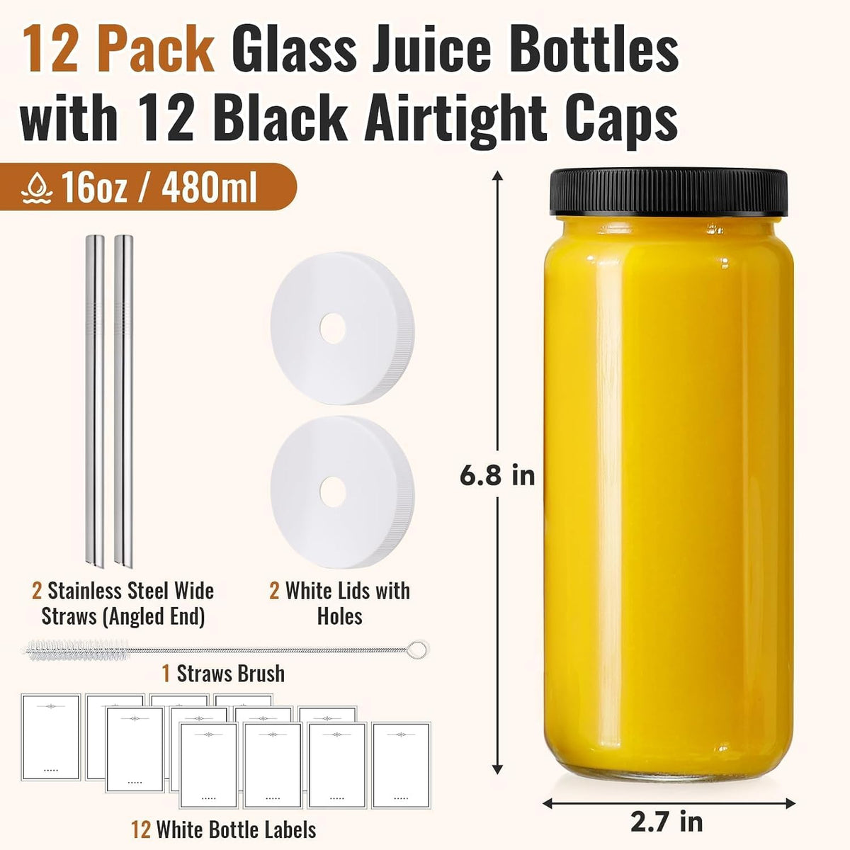 8 PACK 16OZ Glass Juice Bottles with 8 Sealed Lids & 2 Straw Lids & Straws