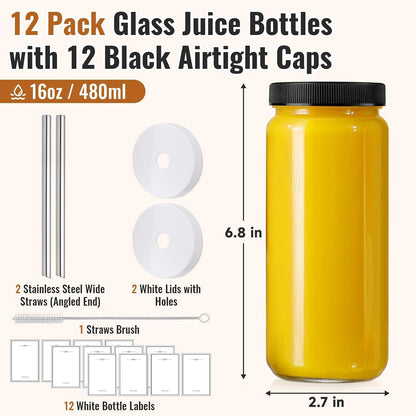 8 PACK 16OZ Glass Juice Bottles with 8 Sealed Lids & 2 Straw Lids & Straws
