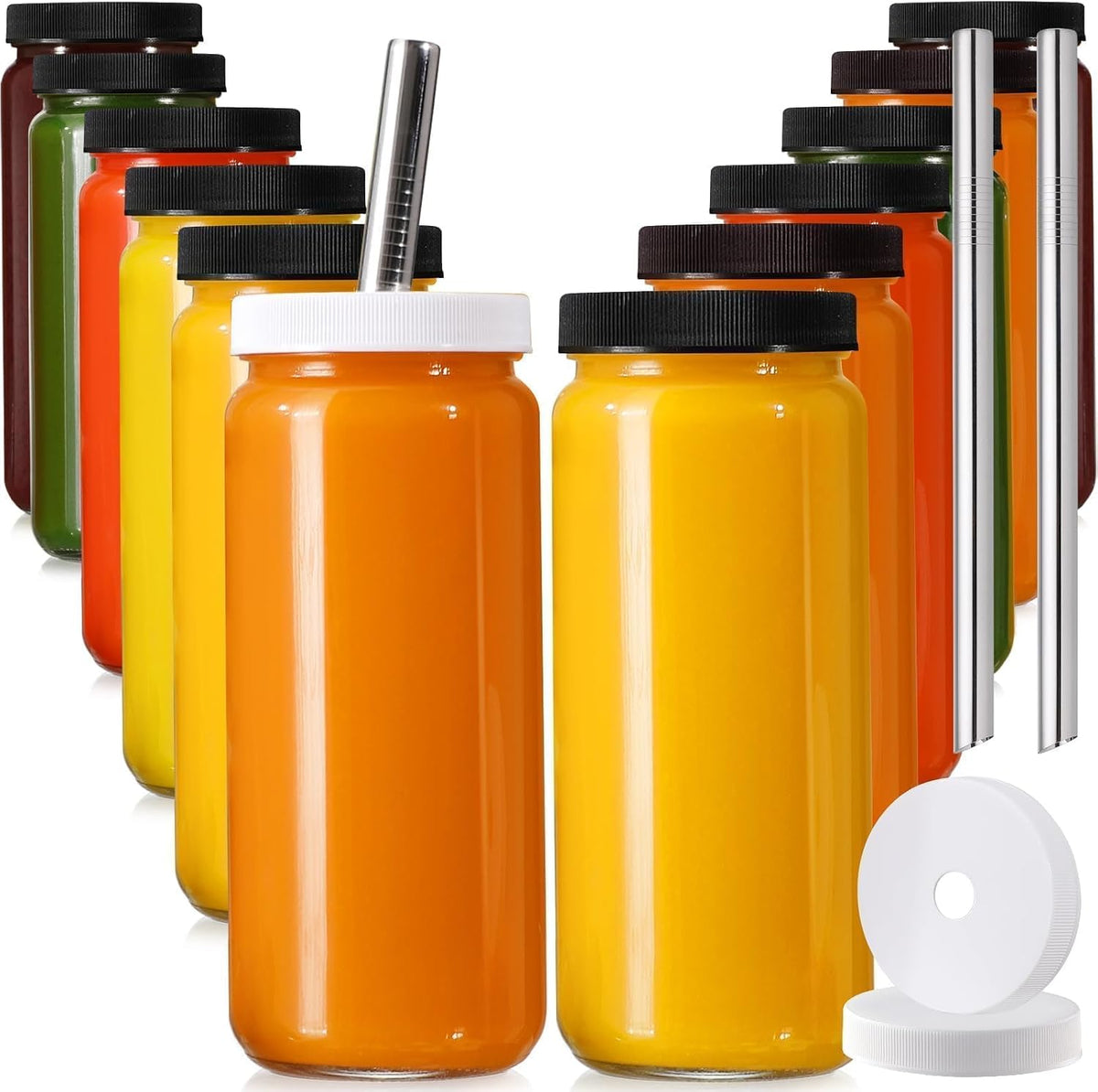 8 PACK 16OZ Glass Juice Bottles with 8 Sealed Lids & 2 Straw Lids & Straws