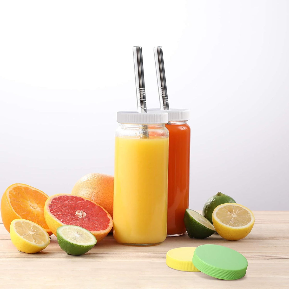 8 PACK 16OZ Glass Juice Bottles with 8 Sealed Lids & 2 Straw Lids & Straws