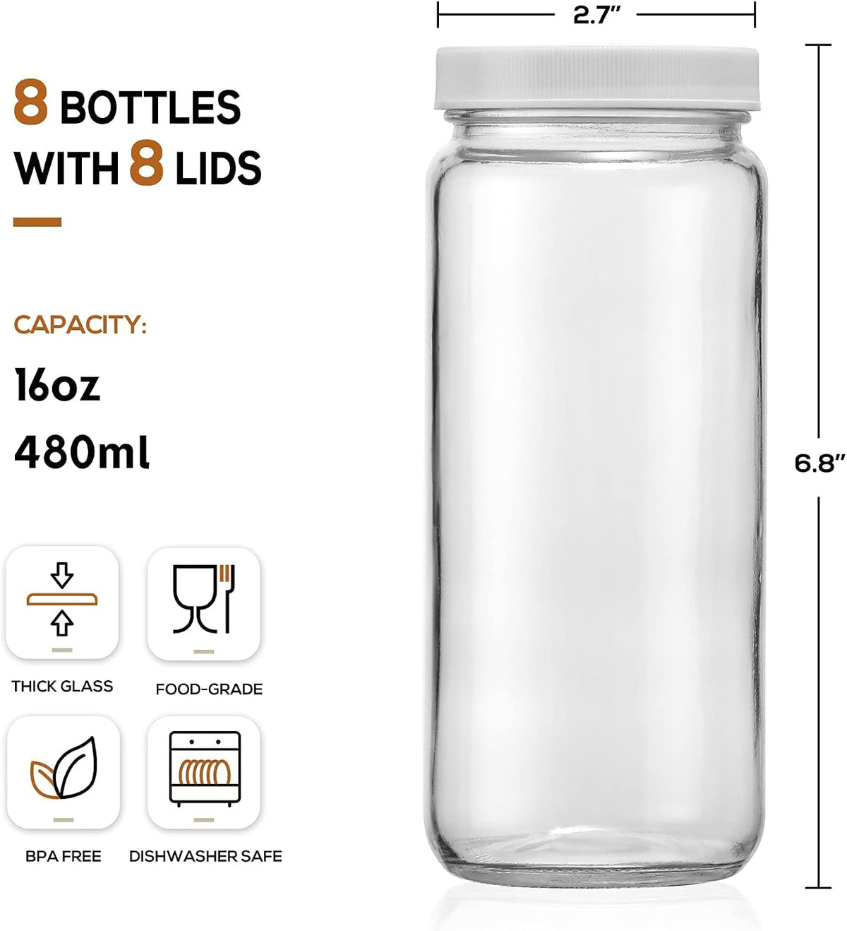 8 PACK 16OZ Glass Juice Bottles with 8 Sealed Lids & 2 Straw Lids & Straws