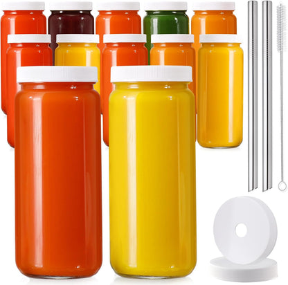 8 PACK 16OZ Glass Juice Bottles with 8 Sealed Lids & 2 Straw Lids & Straws