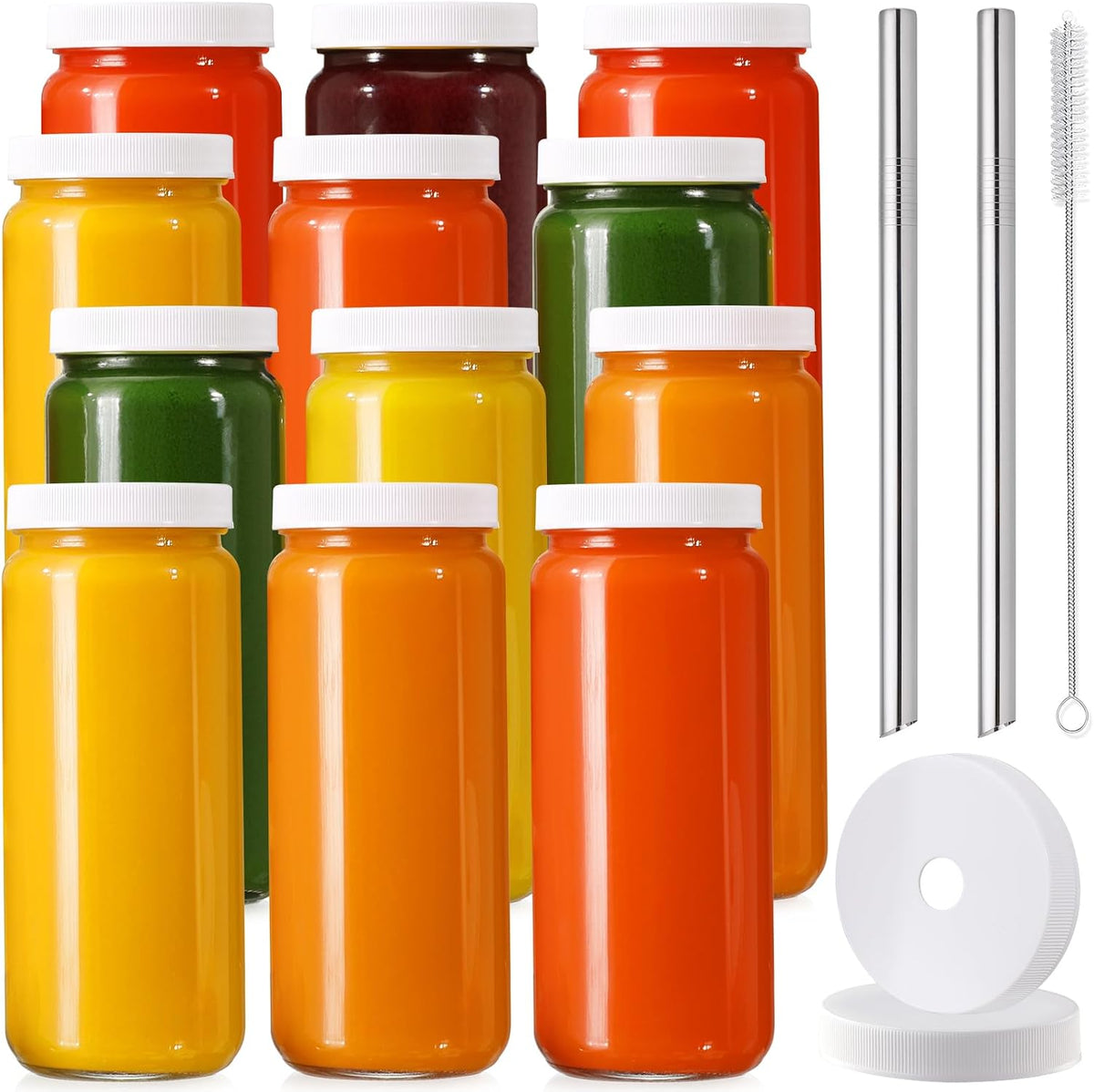 8 PACK 16OZ Glass Juice Bottles with 8 Sealed Lids & 2 Straw Lids & Straws