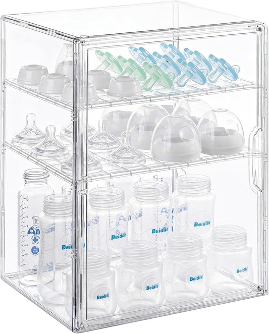 Baby Bottle Organizer – 3 Tier Bottle Storage Organizer Baby for Nipples, Pump Parts, Food Jars – Clear Acrylic Bottle Station Organizer for Countertop and Kitchen, Gifts for New Mom