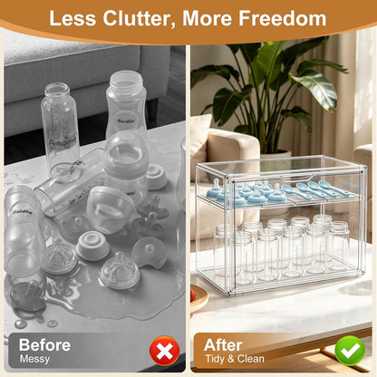 Baby Bottle Organizer – 3 Tier Bottle Storage Organizer Baby for Nipples, Pump Parts, Food Jars – Clear Acrylic Bottle Station Organizer for Countertop and Kitchen, Gifts for New Mom