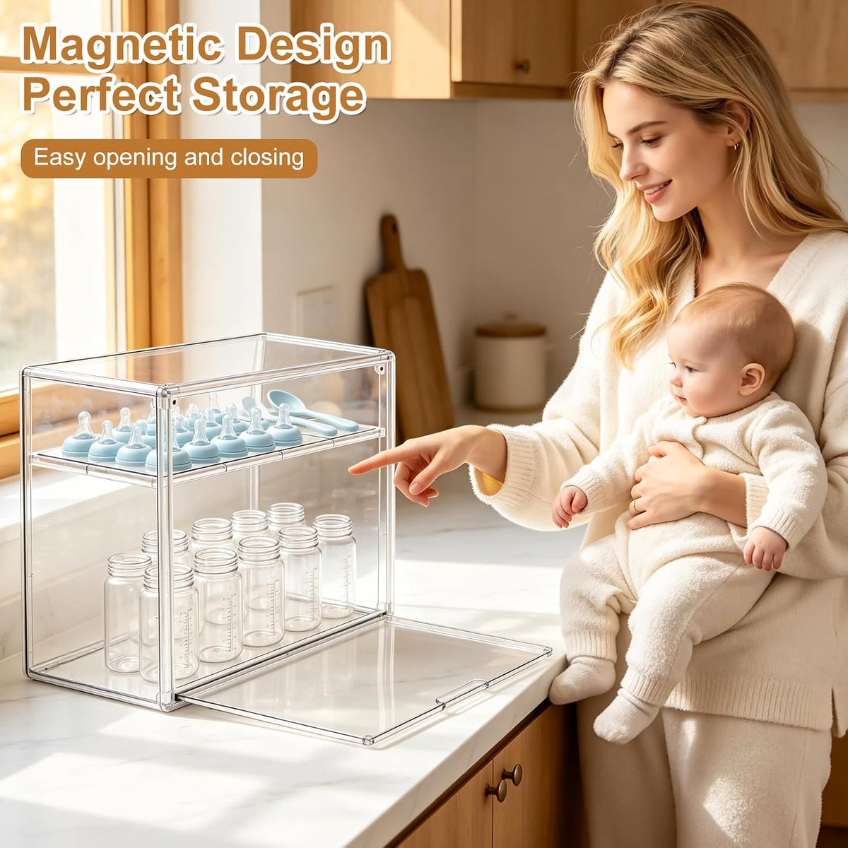 Baby Bottle Organizer – 3 Tier Bottle Storage Organizer Baby for Nipples, Pump Parts, Food Jars – Clear Acrylic Bottle Station Organizer for Countertop and Kitchen, Gifts for New Mom