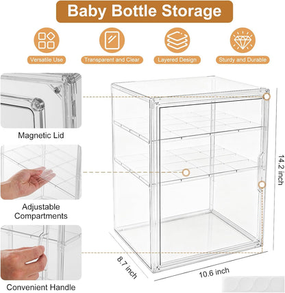 Baby Bottle Organizer – 3 Tier Bottle Storage Organizer Baby for Nipples, Pump Parts, Food Jars – Clear Acrylic Bottle Station Organizer for Countertop and Kitchen, Gifts for New Mom