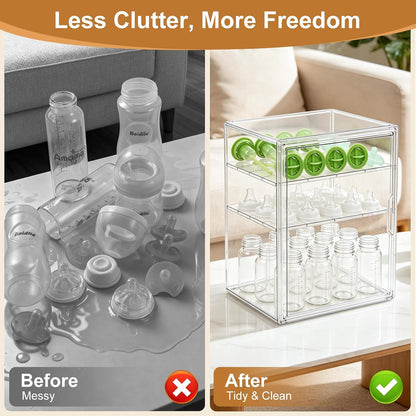 Baby Bottle Organizer – 3 Tier Bottle Storage Organizer Baby for Nipples, Pump Parts, Food Jars – Clear Acrylic Bottle Station Organizer for Countertop and Kitchen, Gifts for New Mom