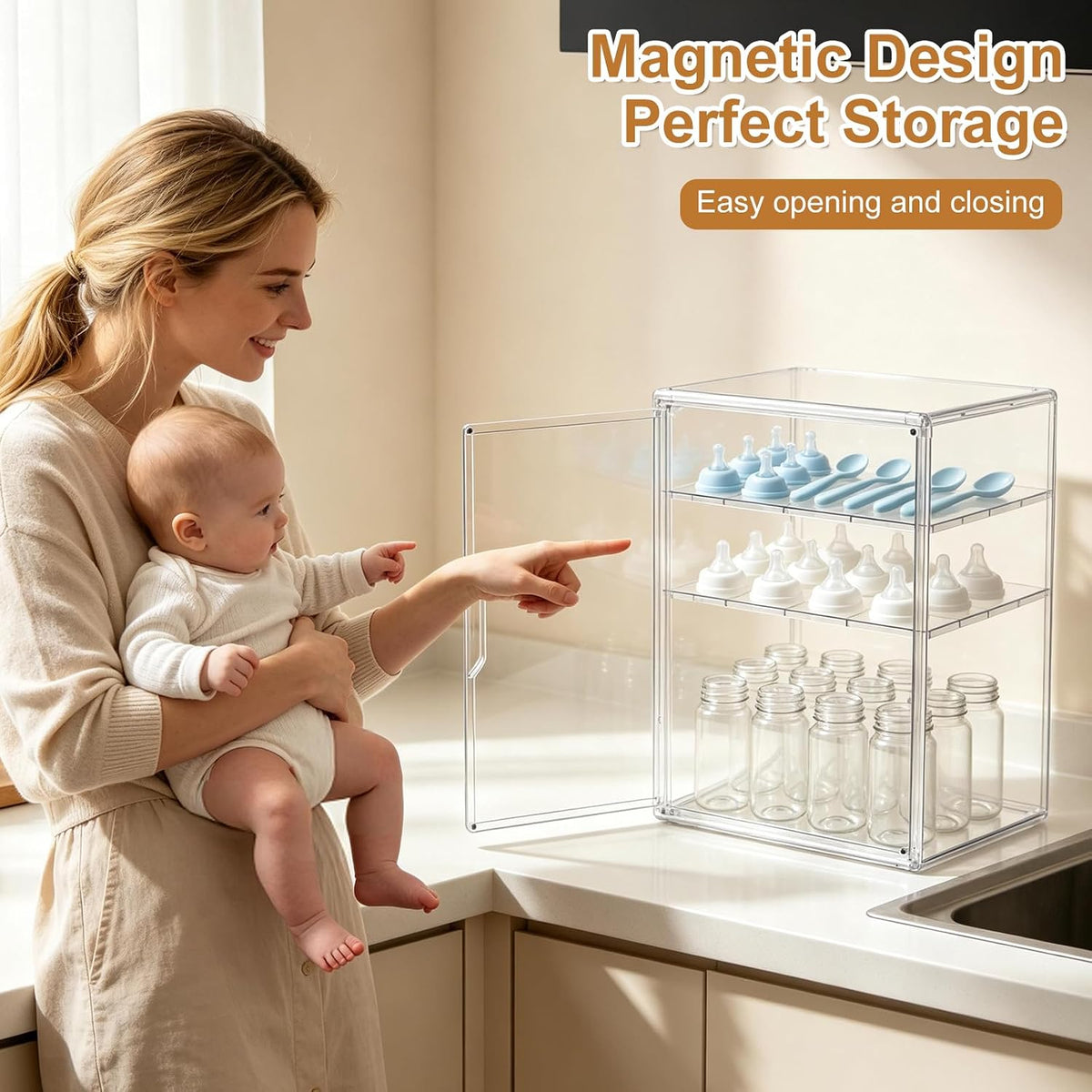 Baby Bottle Organizer – 3 Tier Bottle Storage Organizer Baby for Nipples, Pump Parts, Food Jars – Clear Acrylic Bottle Station Organizer for Countertop and Kitchen, Gifts for New Mom