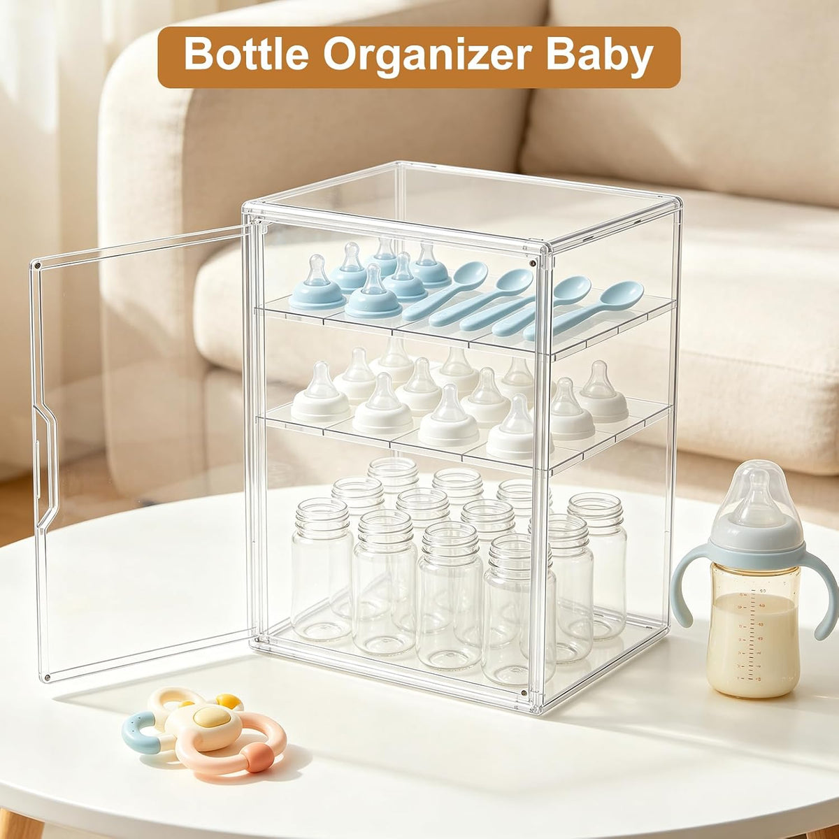 Baby Bottle Organizer – 3 Tier Bottle Storage Organizer Baby for Nipples, Pump Parts, Food Jars – Clear Acrylic Bottle Station Organizer for Countertop and Kitchen, Gifts for New Mom