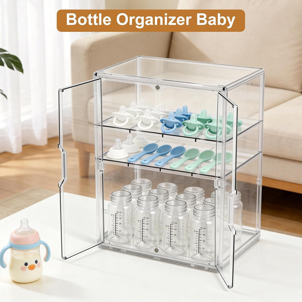 Baby Bottle Organizer – 3 Tier Bottle Storage Organizer Baby for Nipples, Pump Parts, Food Jars – Clear Acrylic Bottle Station Organizer for Countertop and Kitchen, Gifts for New Mom