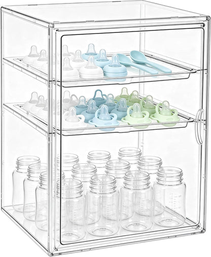 Baby Bottle Organizer – 3 Tier Bottle Storage Organizer Baby for Nipples, Pump Parts, Food Jars – Clear Acrylic Bottle Station Organizer for Countertop and Kitchen, Gifts for New Mom