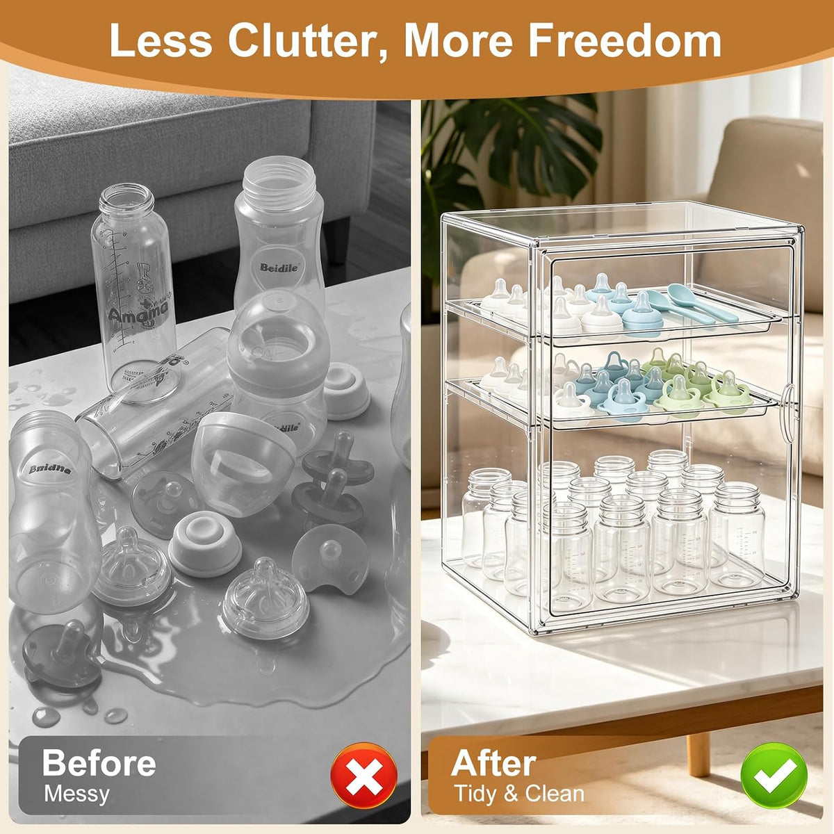Baby Bottle Organizer – 3 Tier Bottle Storage Organizer Baby for Nipples, Pump Parts, Food Jars – Clear Acrylic Bottle Station Organizer for Countertop and Kitchen, Gifts for New Mom