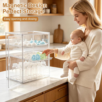 Baby Bottle Organizer – 3 Tier Bottle Storage Organizer Baby for Nipples, Pump Parts, Food Jars – Clear Acrylic Bottle Station Organizer for Countertop and Kitchen, Gifts for New Mom