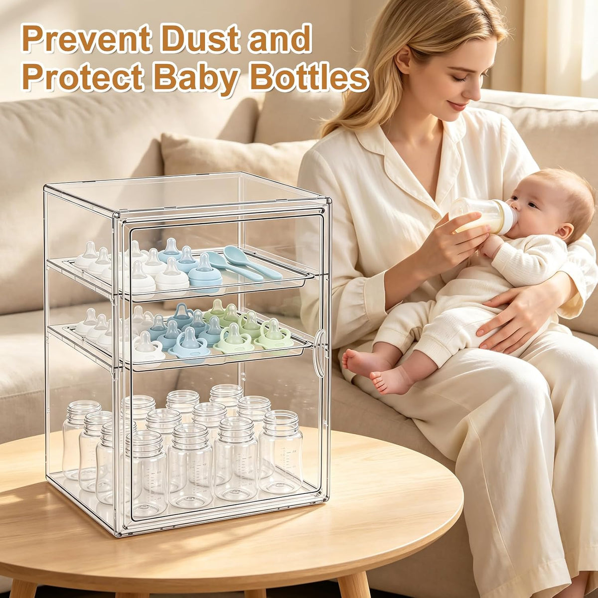 Baby Bottle Organizer – 3 Tier Bottle Storage Organizer Baby for Nipples, Pump Parts, Food Jars – Clear Acrylic Bottle Station Organizer for Countertop and Kitchen, Gifts for New Mom