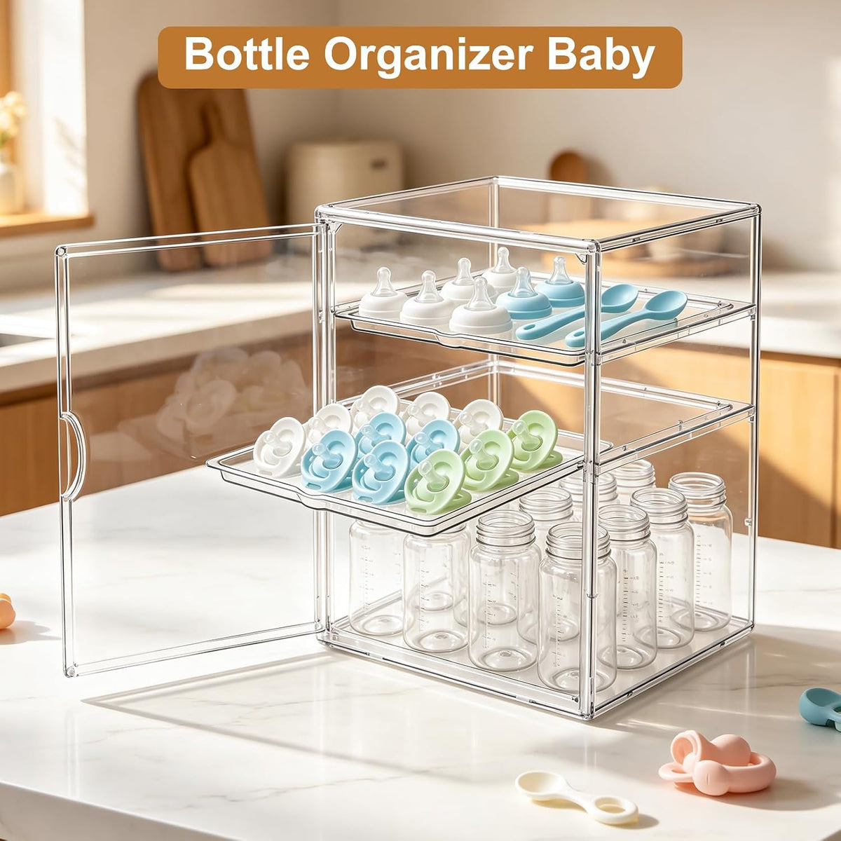 Baby Bottle Organizer – 3 Tier Bottle Storage Organizer Baby for Nipples, Pump Parts, Food Jars – Clear Acrylic Bottle Station Organizer for Countertop and Kitchen, Gifts for New Mom
