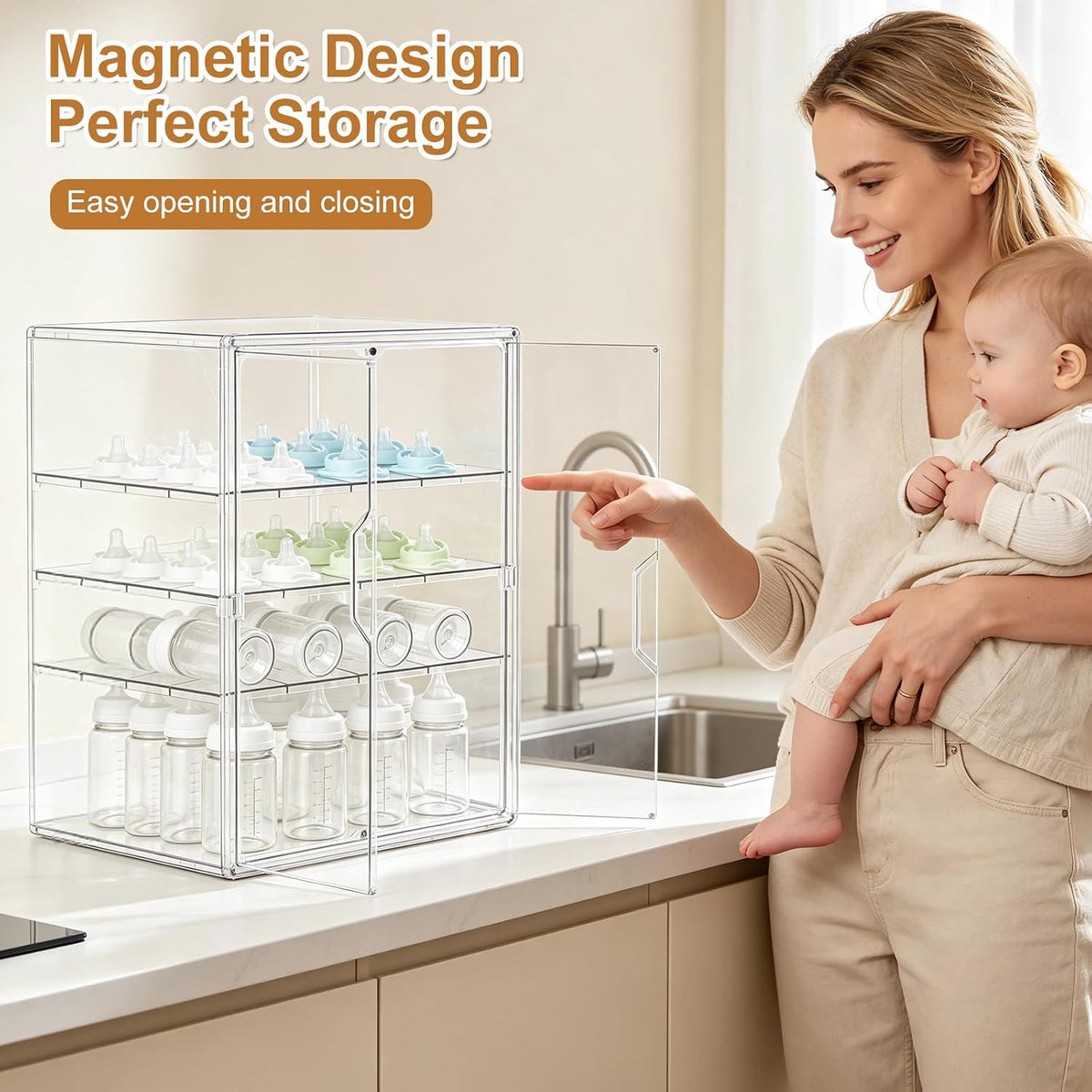 Baby Bottle Organizer – 3 Tier Bottle Storage Organizer Baby for Nipples, Pump Parts, Food Jars – Clear Acrylic Bottle Station Organizer for Countertop and Kitchen, Gifts for New Mom