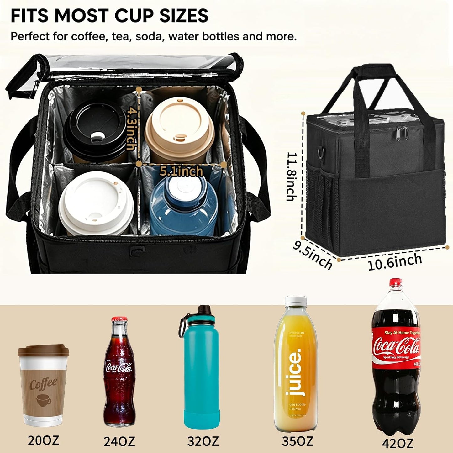 Reusable Coffee Cup Carrier – 4 Cup Portable Drink Tote, Adjustable Dividers, Insulated Waterproof, Foldable, Fits 20oz Bottles