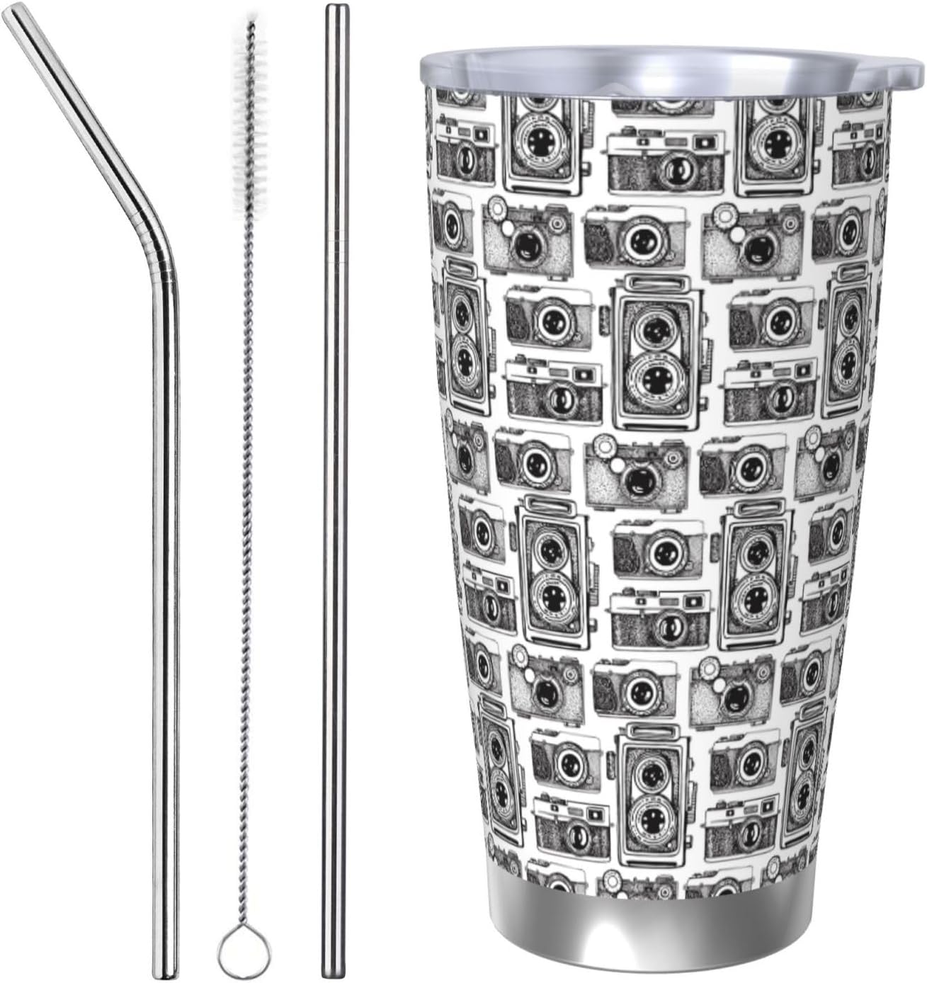 Hand Drawn Vintage Camera for 20oz Car Cup Holder, Insulated Coffee Mug with Lid and Handle, Leak-Proof Spill Proof Travel Tumbler for Vehicle, Fits Most Auto Cup Holders