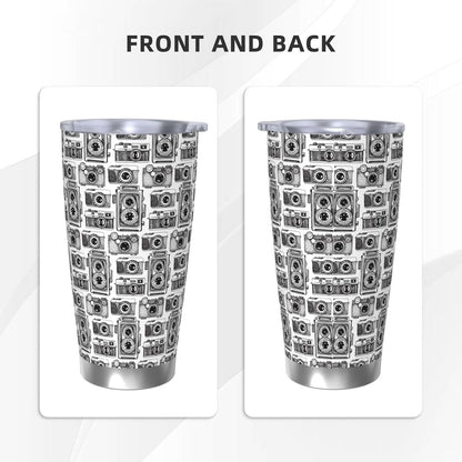 Hand Drawn Vintage Camera for 20oz Car Cup Holder, Insulated Coffee Mug with Lid and Handle, Leak-Proof Spill Proof Travel Tumbler for Vehicle, Fits Most Auto Cup Holders