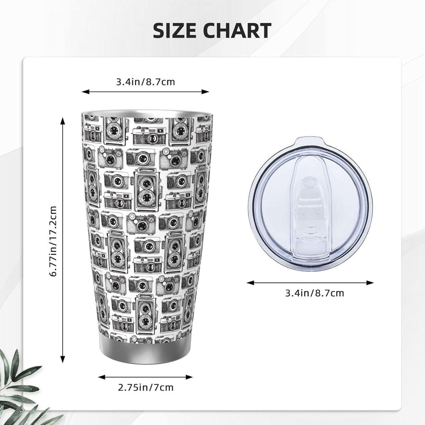 Hand Drawn Vintage Camera for 20oz Car Cup Holder, Insulated Coffee Mug with Lid and Handle, Leak-Proof Spill Proof Travel Tumbler for Vehicle, Fits Most Auto Cup Holders