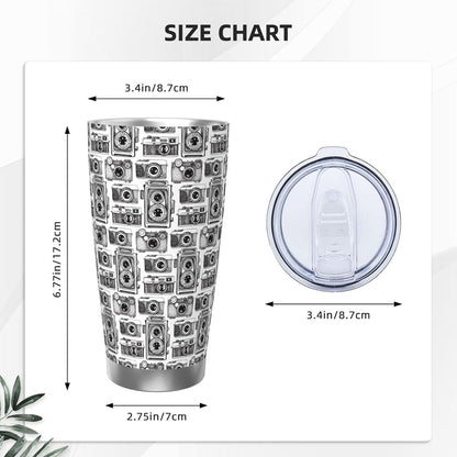 Hand Drawn Vintage Camera for 20oz Car Cup Holder, Insulated Coffee Mug with Lid and Handle, Leak-Proof Spill Proof Travel Tumbler for Vehicle, Fits Most Auto Cup Holders
