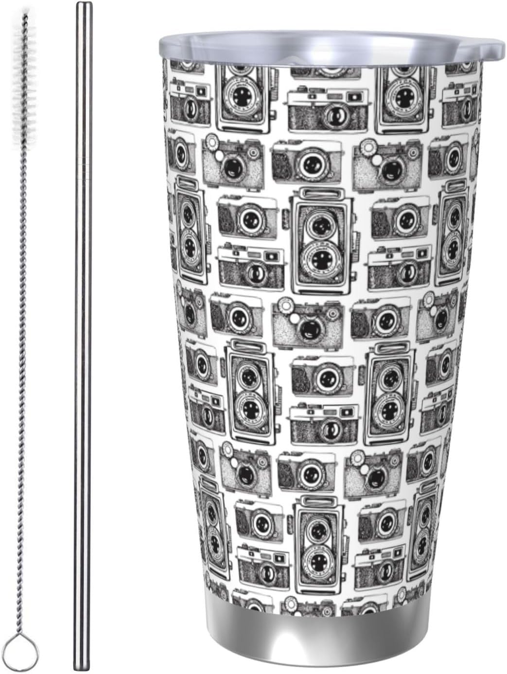 Hand Drawn Vintage Camera for 20oz Car Cup Holder, Insulated Coffee Mug with Lid and Handle, Leak-Proof Spill Proof Travel Tumbler for Vehicle, Fits Most Auto Cup Holders