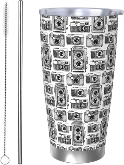 Hand Drawn Vintage Camera for 20oz Car Cup Holder, Insulated Coffee Mug with Lid and Handle, Leak-Proof Spill Proof Travel Tumbler for Vehicle, Fits Most Auto Cup Holders