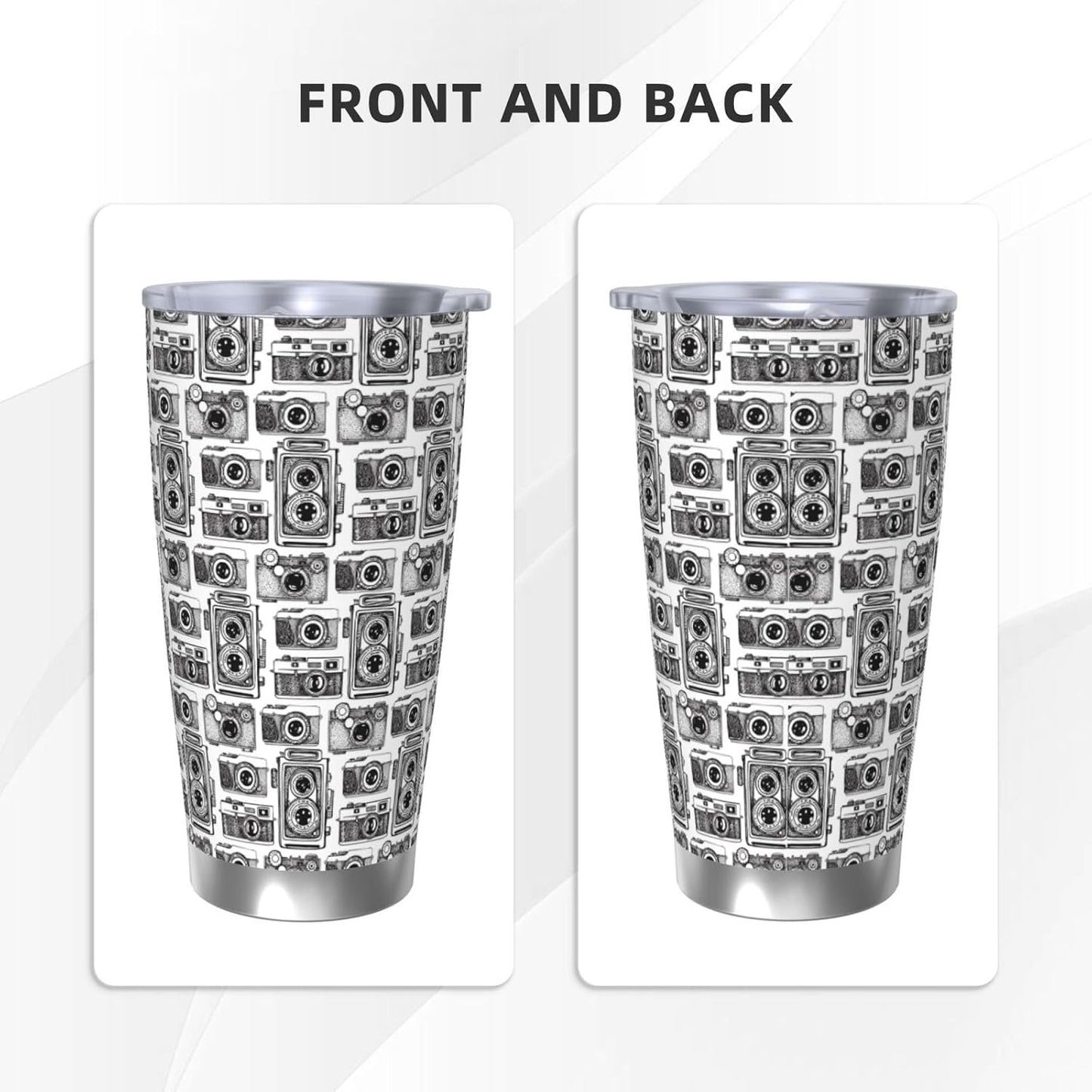 Hand Drawn Vintage Camera for 20oz Car Cup Holder, Insulated Coffee Mug with Lid and Handle, Leak-Proof Spill Proof Travel Tumbler for Vehicle, Fits Most Auto Cup Holders