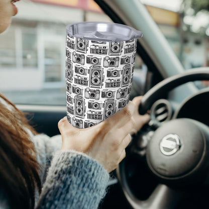 Hand Drawn Vintage Camera for 20oz Car Cup Holder, Insulated Coffee Mug with Lid and Handle, Leak-Proof Spill Proof Travel Tumbler for Vehicle, Fits Most Auto Cup Holders
