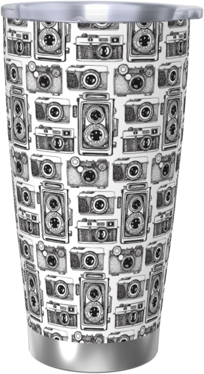 Hand Drawn Vintage Camera for 20oz Car Cup Holder, Insulated Coffee Mug with Lid and Handle, Leak-Proof Spill Proof Travel Tumbler for Vehicle, Fits Most Auto Cup Holders