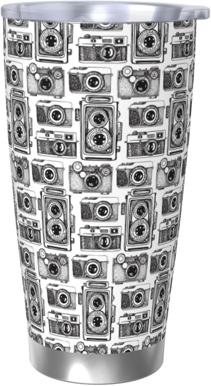 Hand Drawn Vintage Camera for 20oz Car Cup Holder, Insulated Coffee Mug with Lid and Handle, Leak-Proof Spill Proof Travel Tumbler for Vehicle, Fits Most Auto Cup Holders