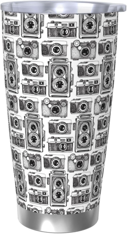 Hand Drawn Vintage Camera for 20oz Car Cup Holder, Insulated Coffee Mug with Lid and Handle, Leak-Proof Spill Proof Travel Tumbler for Vehicle, Fits Most Auto Cup Holders